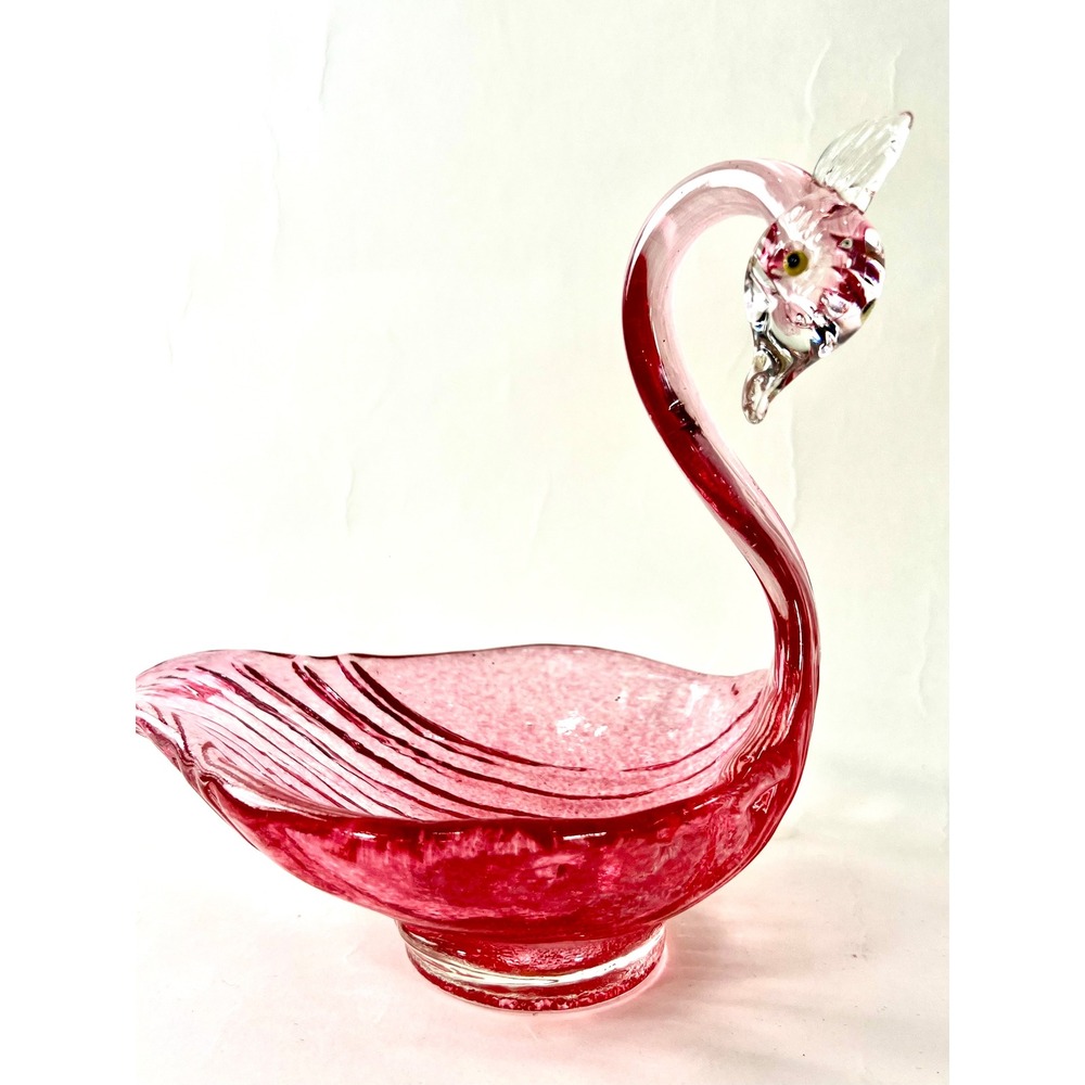 Vintage Cranberry Pink Art Glass Swan Bowl Hand Blown Ribbed Glass Centerpiece